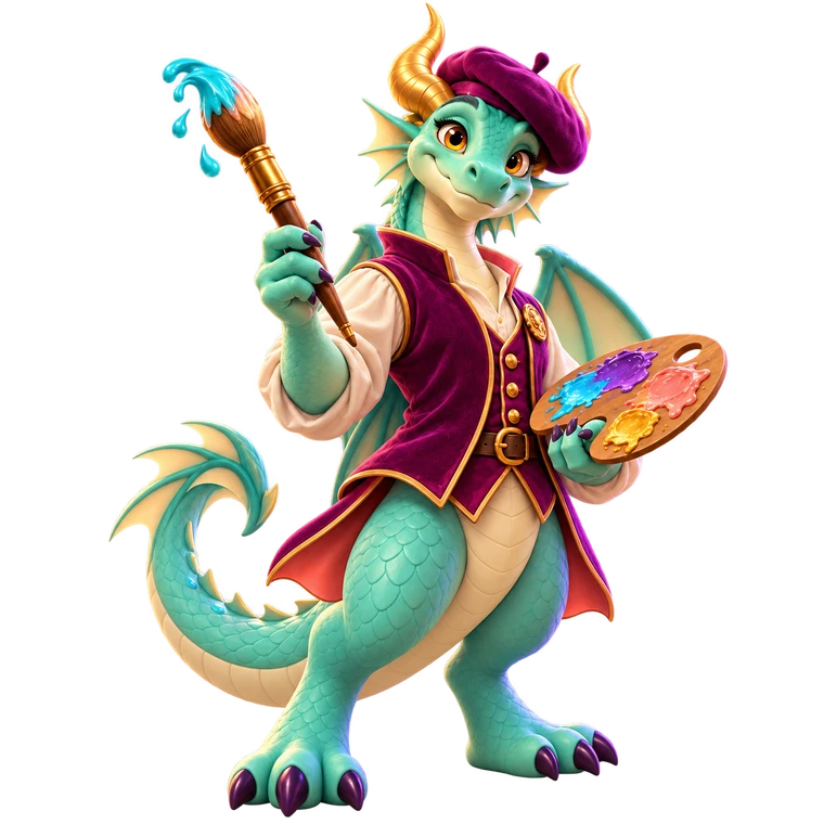 Stolave’s dragon curator with a paintbrush and palette.
